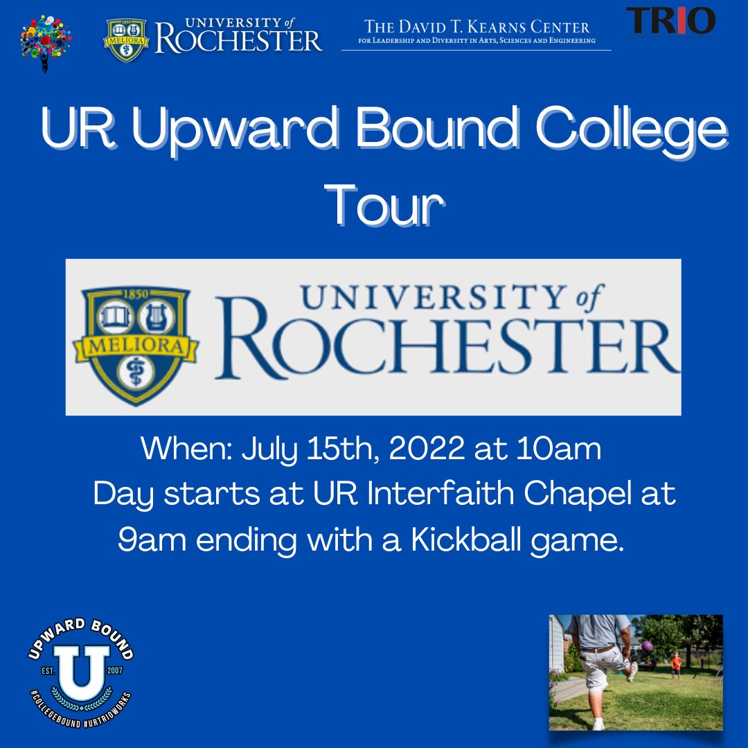 UR_CollegeBound's tweet photo. Tomorrow‼️ Join us for some fun. We will be taking a tour of our stomping grounds (University of Rochester) and we will face off against other squads in an intense game of of Kickball. See you there 💫 https://t.co/Kir9XkDPBk