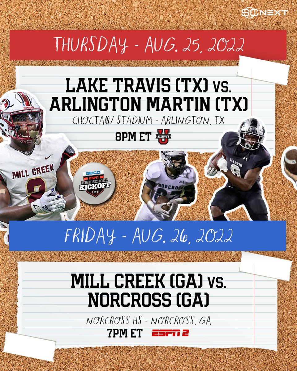 SCNext's tweet photo. Seven games over four days to start the new football season -- the full GEICO ESPN HS Kickoff schedule is set for August 25-28! 🏈📺

More info: https://t.co/N0wx9yfTzD https://t.co/gjgZ4afVfv