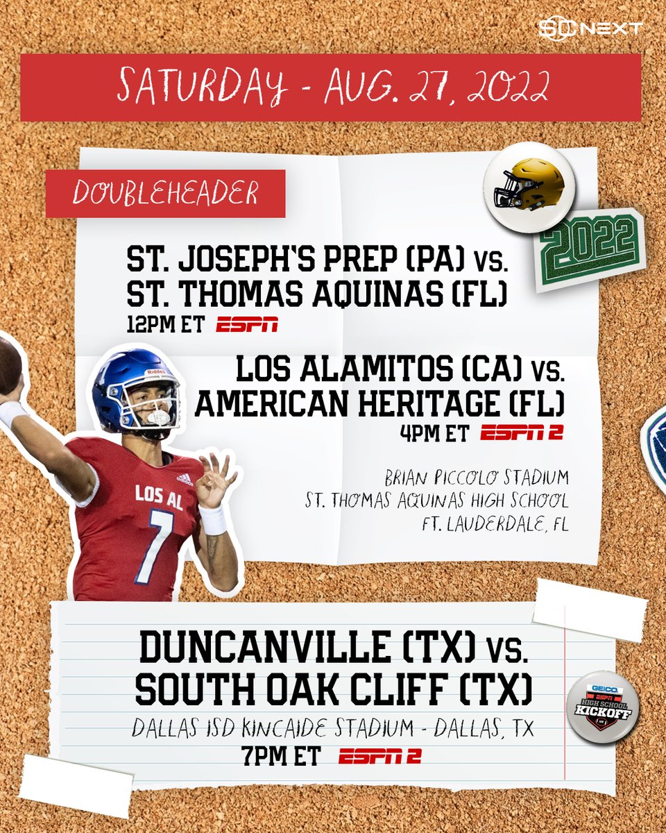 SCNext's tweet photo. Seven games over four days to start the new football season -- the full GEICO ESPN HS Kickoff schedule is set for August 25-28! 🏈📺

More info: https://t.co/N0wx9yfTzD https://t.co/gjgZ4afVfv