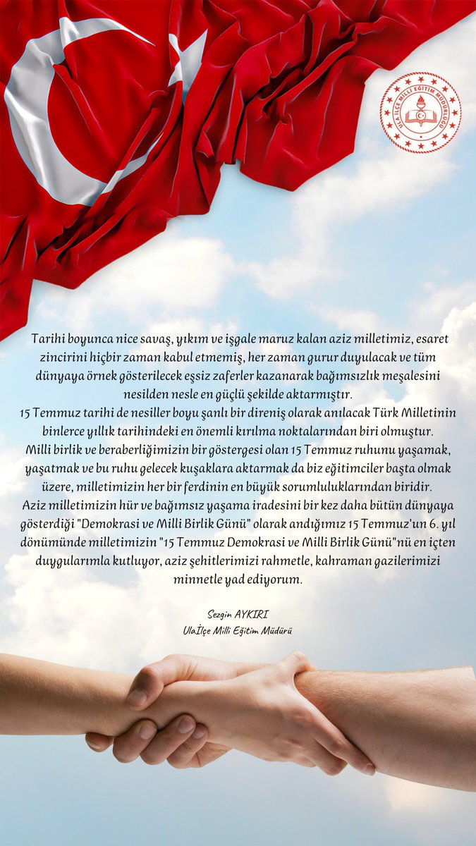 İlçe Milli Eğitim Müdürümüz Sezgin AYKIRI'nın 15 Temmuz Demokrasi ve Milli Birlik Günü mesajı...
<a href="/sezgin4865/">Sezgin Aykırı</a> <a href="/mugla_mem/">Muğla İl Millî Eğitim Müdürlüğü</a>