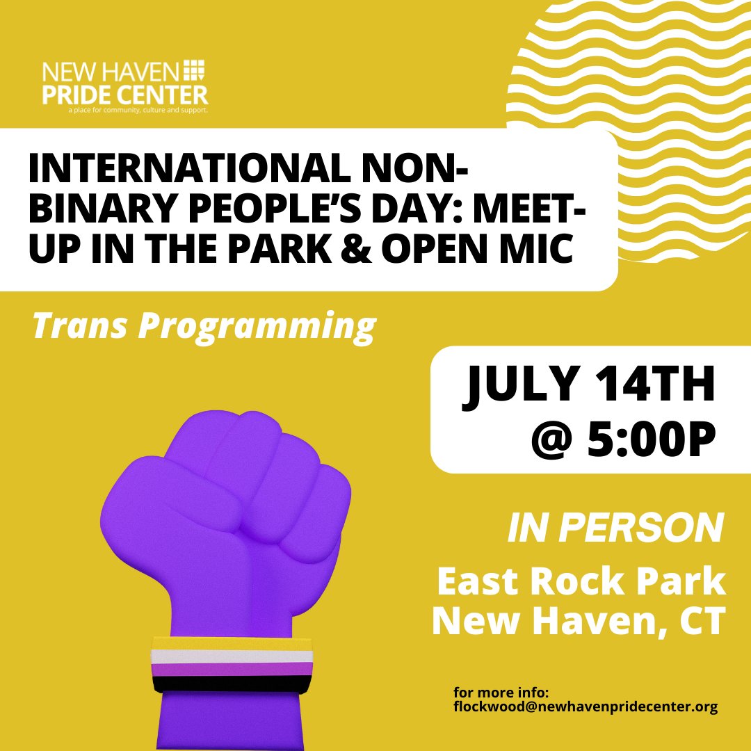 NewHavenPride's tweet image. Join us this afternoon as we celebrate International Non-Binary People's Day! We will be hanging out at East Rock Park in New Haven and will have an open mic night! 

Meet us at Farnam Dr. Parking lot.

Read more here: facebook.com/events/4461659…

#nonbinary #openmicnight #eastrock