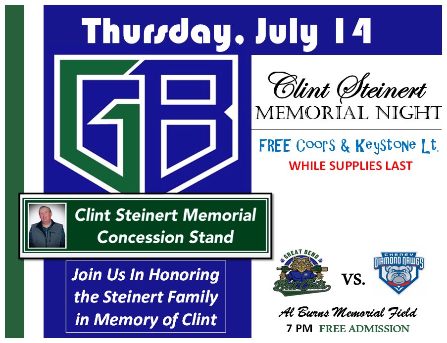 GB_BatCats's tweet photo. Clint Steinert Memorial Night

Join us in honoring his Family, and a dedication!

📅 Thursday, July 14
⏰ 7pm
🆚 @DawgsCheney 
📍 Al Burns Memorial Field
🆓 ADMISSION
🎟 50/50 Raffle

🎥 FREE LIVESTREAM with @Mark_K_McClure  https://t.co/V643CZE7rJ https://t.co/dyQ7EplLQf