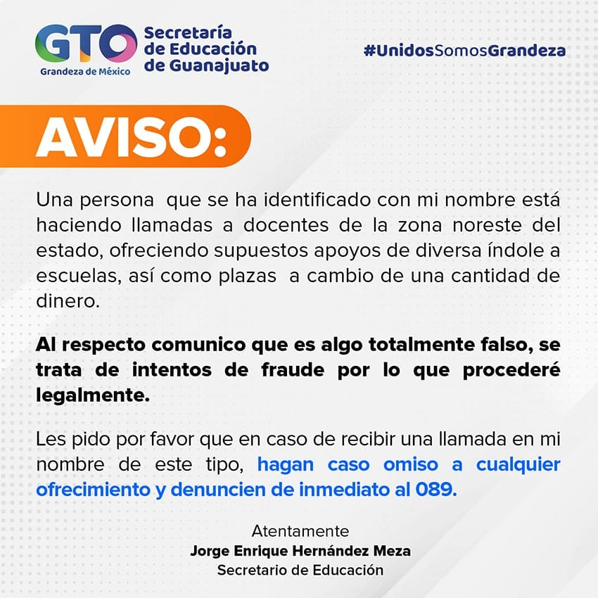 ⚠️ATENCIÓN⚠️
Hay personas que se están haciendo pasar por <a href="/JorgeEnriqueHM/">Jorge E. Hernández M.</a> titular de @EducacionSEG 
CUIDADO‼️
Se trata de un #FRAUDE pues ofrecen apoyos en su nombre, que pueden terminar en perjuicio de persona, si recibes un mensaje así #Denuncia al 📞089.
#Verifica