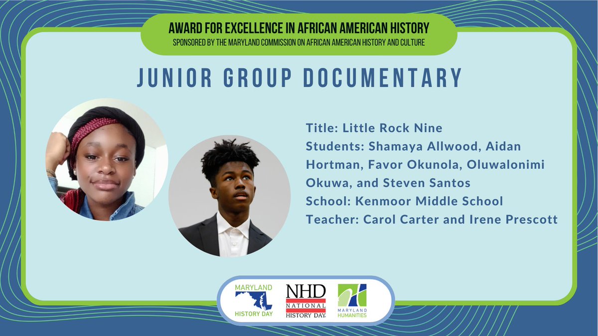 MDHistoryDay's tweet photo. Congratulations to Shamaya, Aidan, Favor, Oluwalonimi and Steven on their award from the Maryland Commission on African American History and Culture. The group from @CoordinatorKMS used many primary sources to create their documentary. Great work! @PGCPSTAG https://t.co/J3TUqMyelV