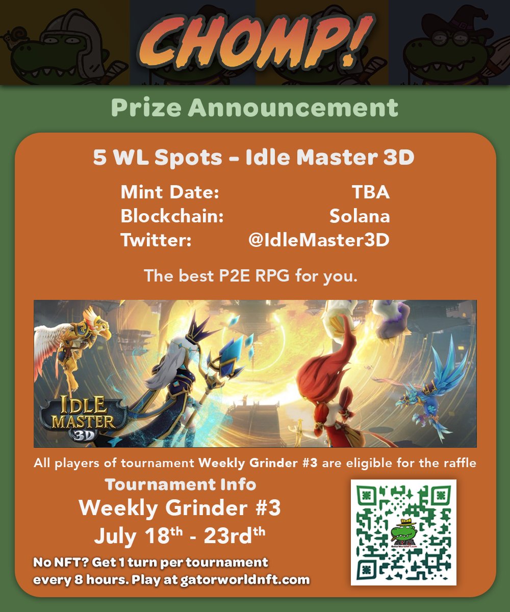 🚨CHOMP! Prize Alert🚨

<a href="/IdleMaster3D/">BRITNEY | Idle Master3D</a>

🥳5 WL spots up for grabs

Check them out👇 👇 👇
Discord: discord.gg/vHtR3FgGDR

🎮Play at👉gatorworldnft.com
No NFT needed to win

#NFTgaming #NFTs #NFTGiveaway #GameFi  #ETH