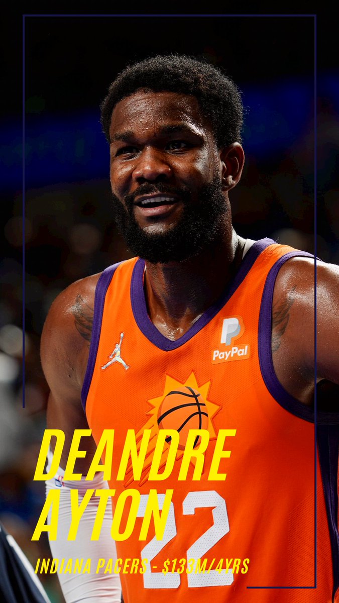 C Deandre Ayton has agreed to a 4 year, $133M max offer with the Indiana Pacers.

The Suns have 48 hours to match the offer

#ayton #indianapacers #nba #freeagency