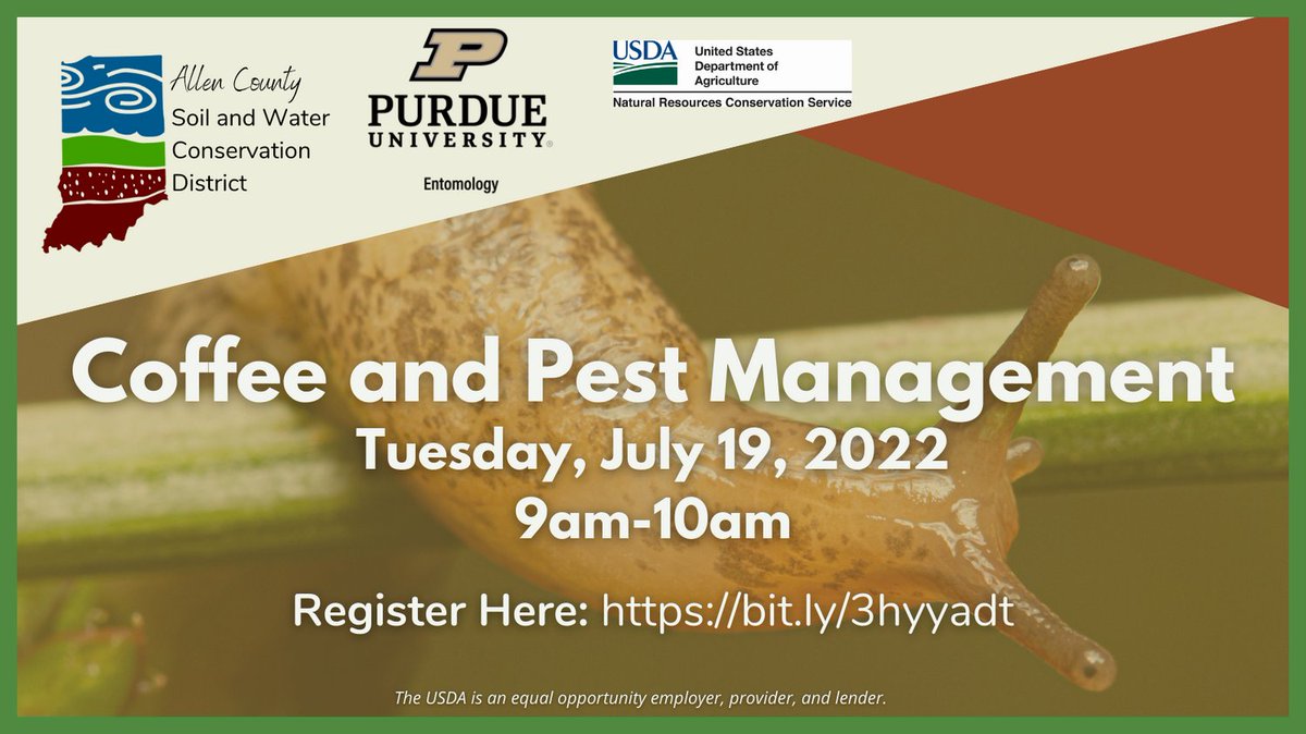 AllenSwcd's tweet image. Don’t miss out on Coffee and Pest Management Tuesday, July 19 from 9am-10am. Learn about an integrated pest management approach to handling insect pests in the garden.
Register Here: us02web.zoom.us/meeting/regist…

#insect #entomology #coffee #purdue #thursday #garden #farm #soilhealth