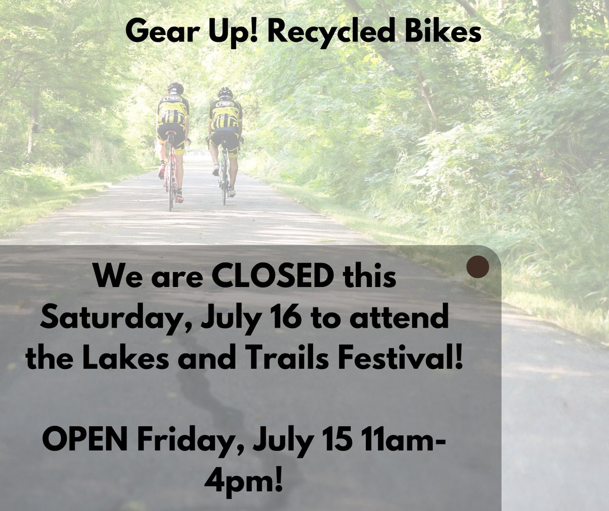 We will be CLOSED this Saturday, July 16 as we will be attending the Lakes and Trails Festival in Sydenham! Drop by Friday from 11am-4pm to check out our bikes, or make an appointment via email for next week!