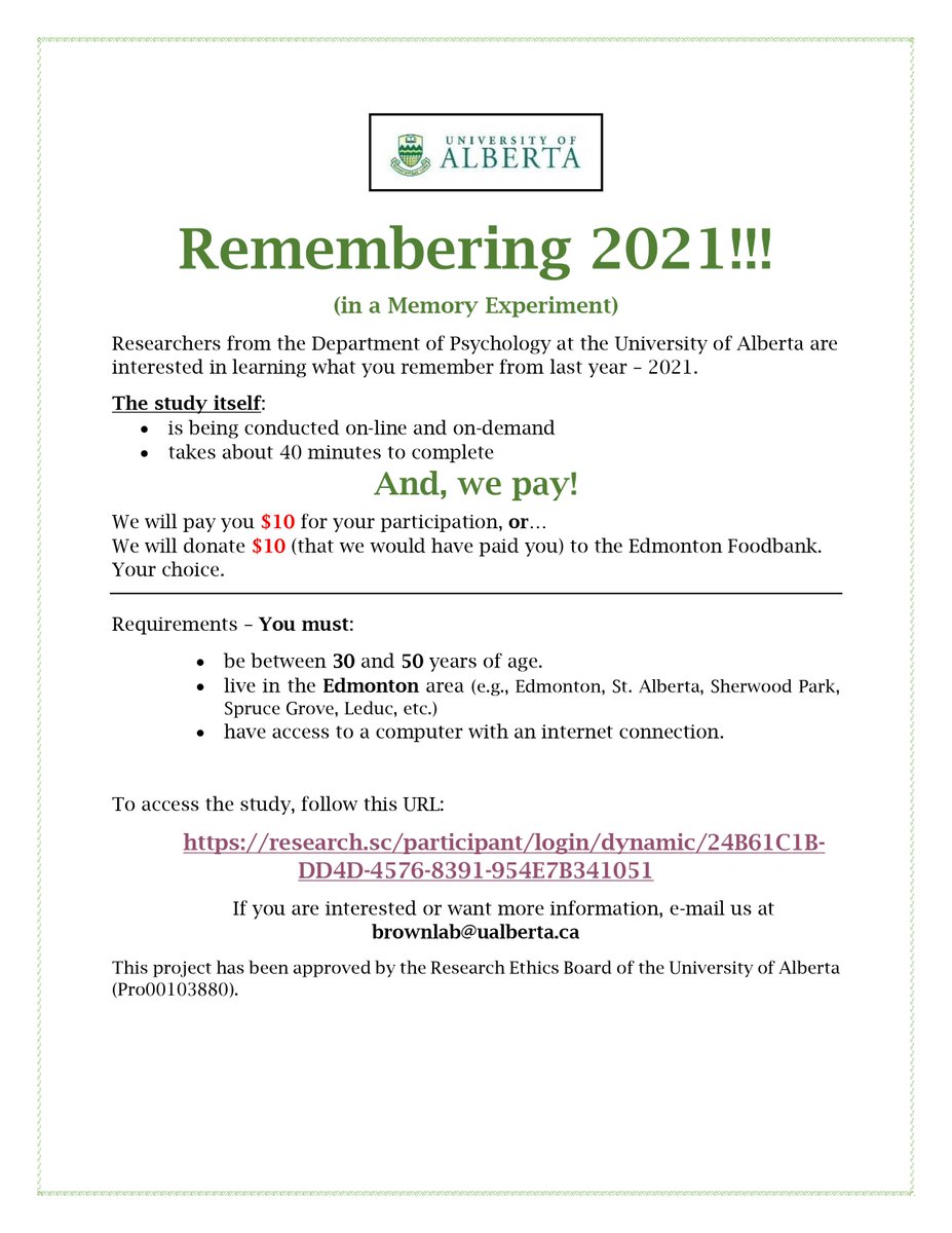 brownmemorylab's tweet photo. Final collection!!!
Recruiting from #Edmonton to take an #online #survey regarding their memories of 2021. A $10 honorarium will be paid (or donated to
@yegfoodbank, if preferred).
#UAlberta #Yeg #Psych_UAlberta #psychology  
Click the link to participate: https://t.co/Z3khujKE7G https://t.co/DUlIbmJ90m