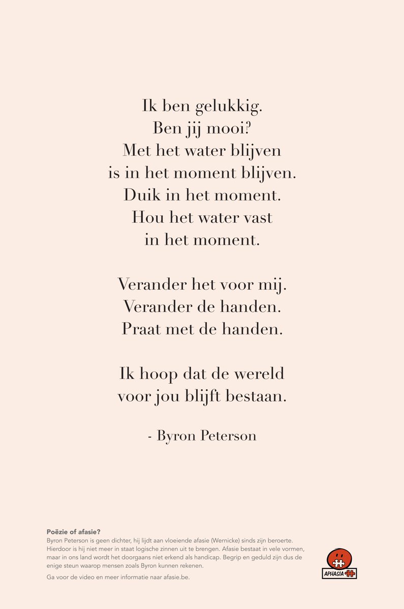 afasieBE's tweet photo. Poëzie of afasie?
Om afasie meer onder de aandacht te brengen, wilden we mee doen aan de Standaard Solidariteitsprijs. Jammer genoeg zijn we niet geselecteerd. Toch vinden we het een mooie advertentie. Creatie door 'Accenture Song' https://t.co/7oaIlomb0X