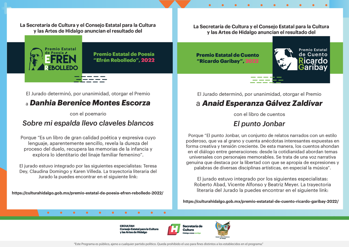 CulturaHidalgo's tweet photo. 📚🏆|Felicitamos a:
🌟 Danhia Berenice Montes Escorza, ganadora del Premio Estatal de Poesía "Efrén Rebolledo” 2022
🌟Anaid Esperanza Gálvez, ganadora del Premio Estatal de Cuento “Ricardo Garibay” 2022
Reconocemos el talento de nuestras ganadoras y de todos los participantes! ✨ https://t.co/OsUhT4ESa6