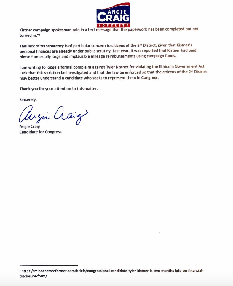 Every candidate for Congress must file a personal financial disclosure under federal law.

<a href="/KistnerCongress/">Tyler Kistner for Congress</a> is 2 months past the deadline &amp; still has not filed his.

Today, I filed a DOJ complaint b/c #MN02 should not have a representative making laws who can't even follow them.