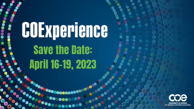 COEHQ's tweet photo. Did you hear the news? #COE recently announced that the 2023 #COExperience will be held from April 16-19! Save the date to connect with Dassault Systèmes users and access education to help you build skills, increase efficiencies, and gain knowledge. https://t.co/G0jU7RRFu7 https://t.co/Ryg09xI67k