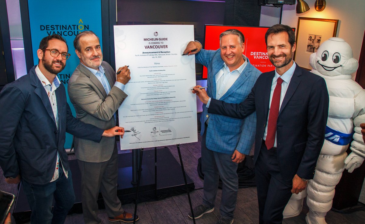 <a href="/MichelinGuideNA/">MichelinGuideNorthAmerica</a> and Destination Vancouver signing the menu at today’s announcement of the #MichelinGuideVancouver 

Chef Matthew Krammerer, <a href="/RoyceVancouver/">Royce Chwin</a> <a href="/kennedystewart/">Kennedy Stewart</a> <a href="/gpoullennec/">Poullennec Gwendal</a> #VeryVancouver
