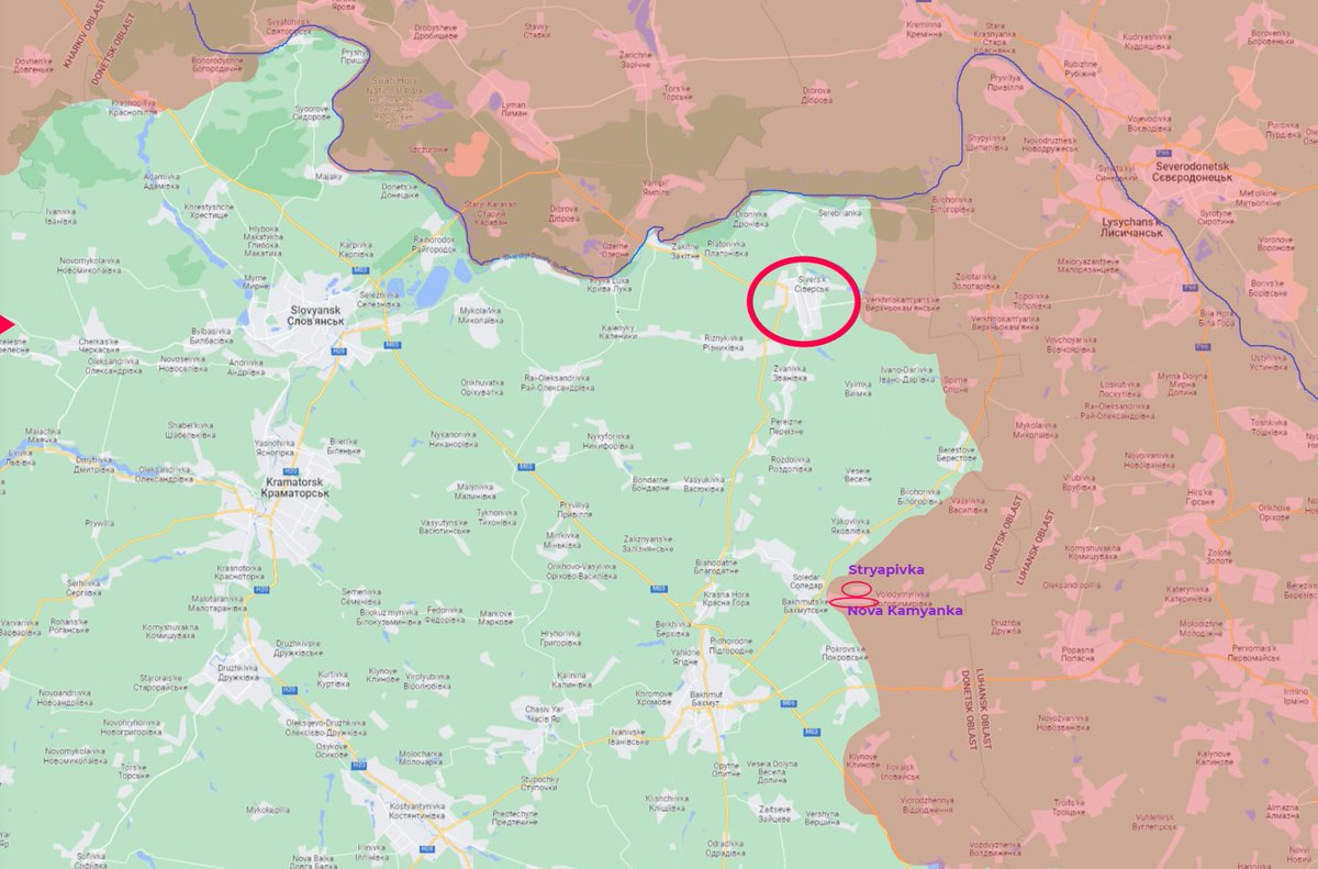 RF Forces took control of Stryapivka and Nova Kamyanka. Unconfirmed reports that Siversk also has been captured,awaiting visual confirmation. That will mean that the road from Siversk to Bakhmut is blocked. Fighting takes place at the outskirts of Soledar West of Stryapivka.