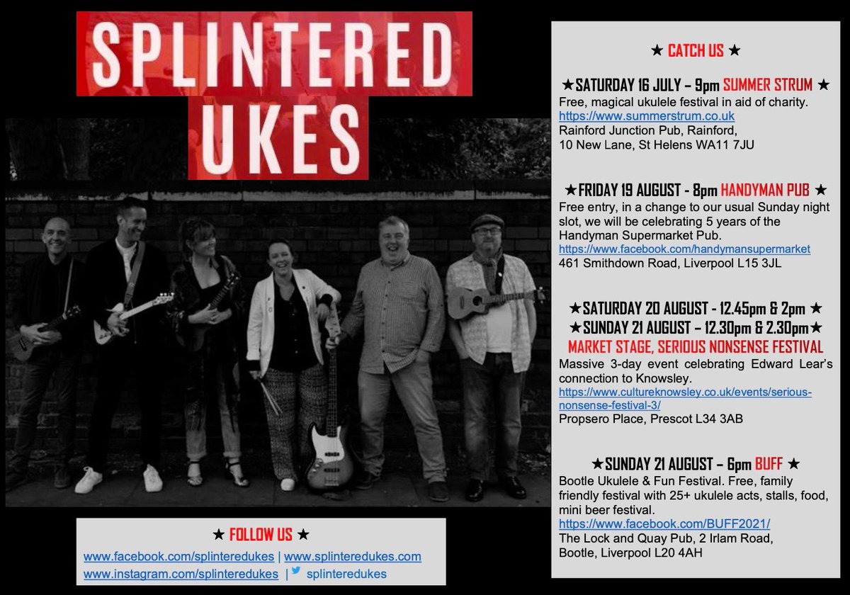 splinteredukes's tweet photo. Catch us over the summer at the following gigs…bringing the funkiest, dance fuelled tunes via our ukes! @Summer_Strum @handymanSmarket #nononsensefestival https://t.co/lkaJm8ttDG