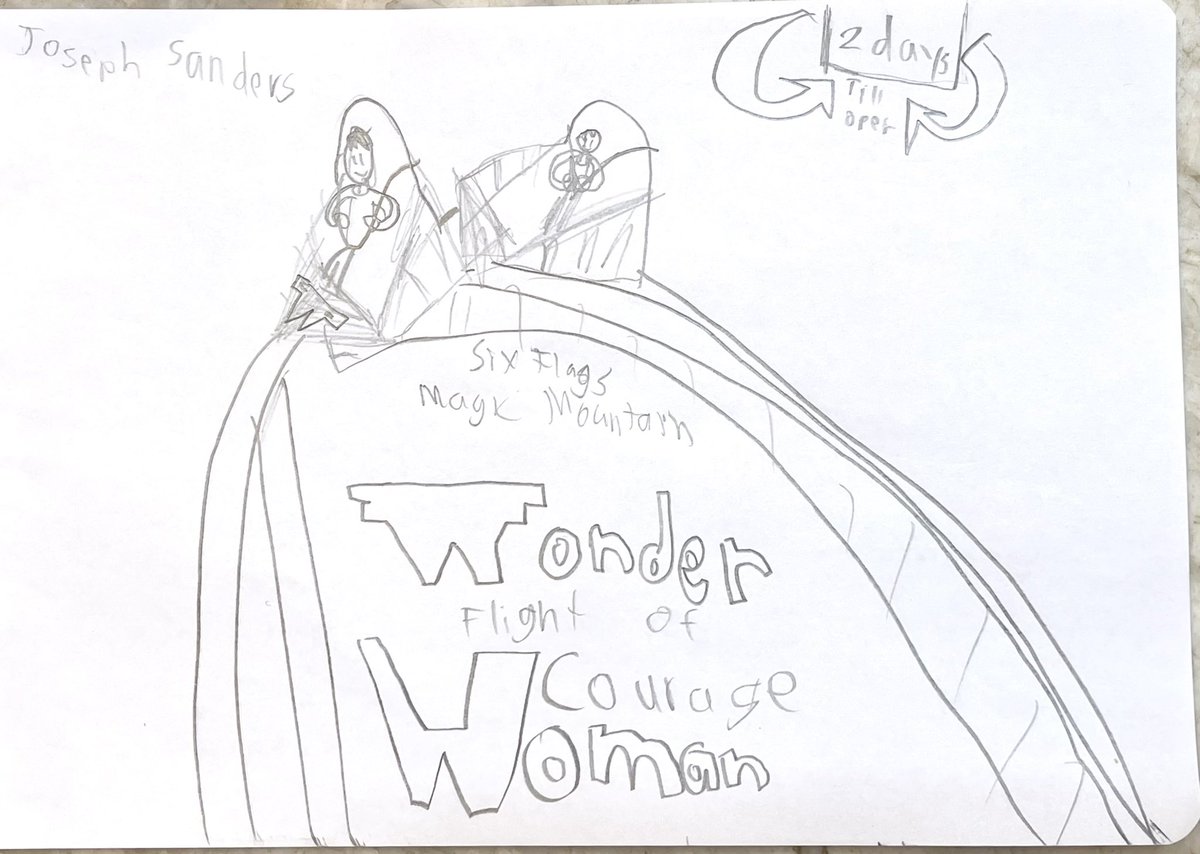 MrJosephSanders's tweet photo. We’ve been seeing the test runs lately for #WonderWoman when at @SFMagicMountain and Joseph is excited for it to open! Here’s a couple pix he drew also of rides he likes there! #sixflagsmagicmountain https://t.co/410ySShx4r