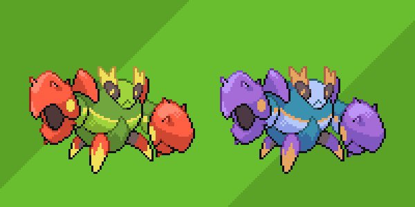 tropkicks's tweet image. New Fakemon sprites of my starter’s final evos and Sweebat by @TravisComm. Still need a name for the crab Pokémon. Designs by @Mat4265