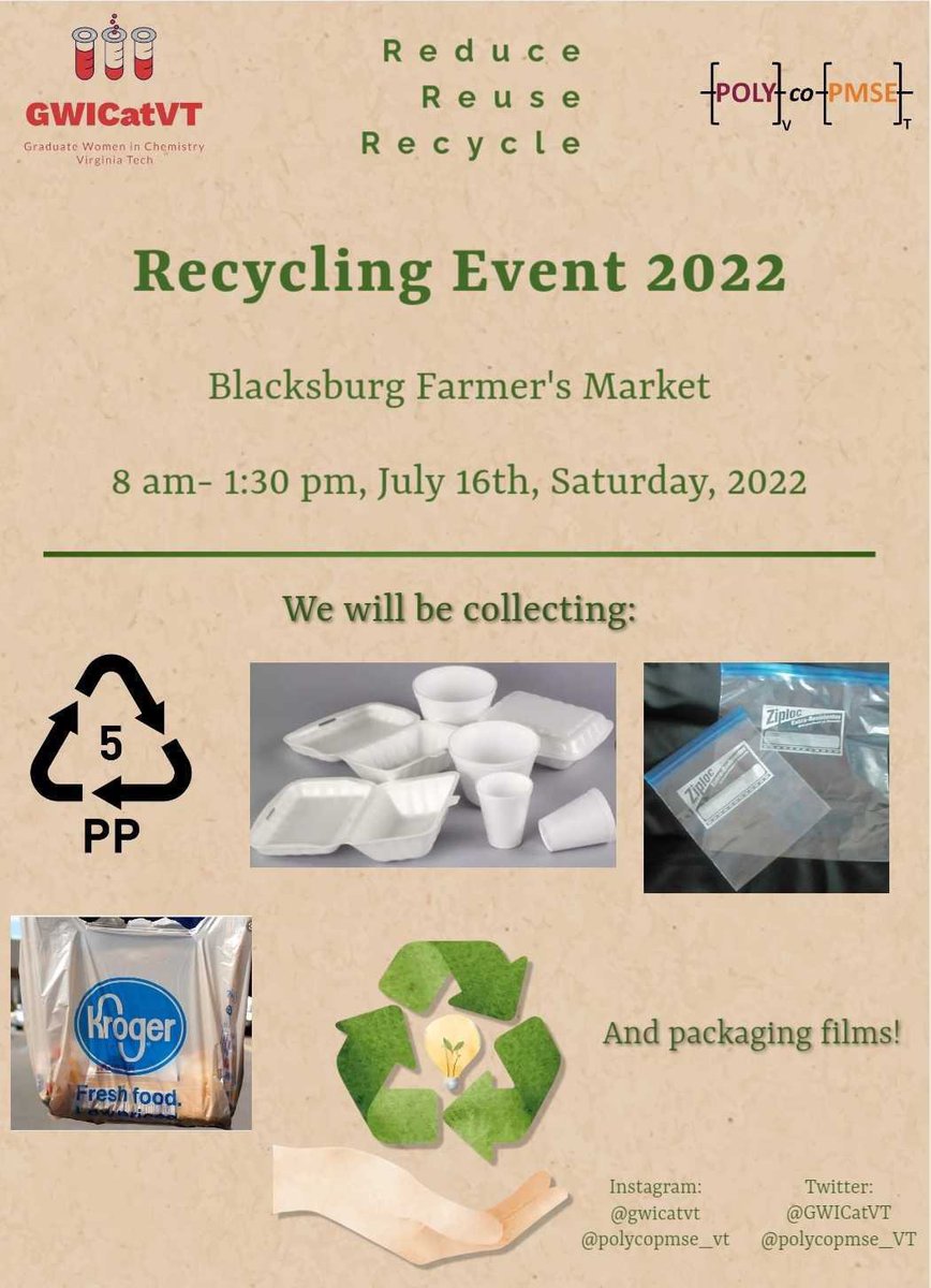 GWICatVT's tweet photo. Join us with @polycopmse_VT for our Recycling Event 2022 this Saturday 8 am - 1:30 pm @BurgFarmMarket!♻️🌎🌳

We will collect:
♻️#5 polypropylene
♻️Plastic films (grocery bags/ziploc bags, and any films used to wrap goods like paper towels/foods)
♻️Styrofoam (food containers etc) https://t.co/gMH6DchQSd