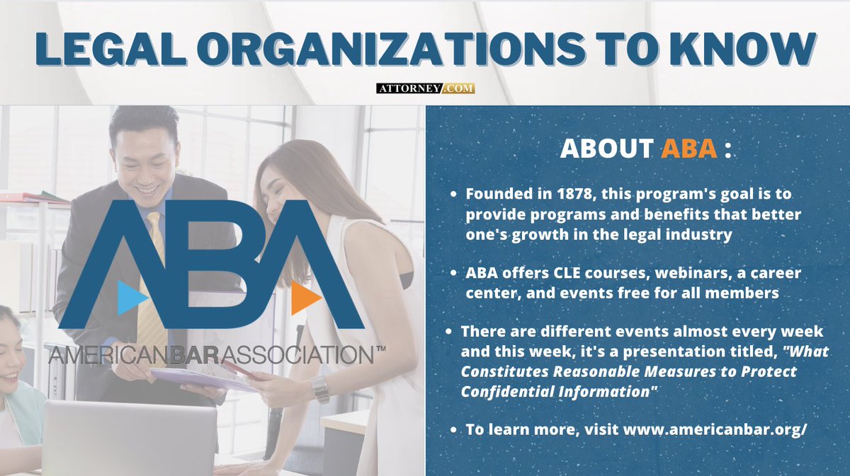 ComAttorney's tweet photo. Introducing our newest feature, LEGAL ORGANIZATIONS TO KNOW, where we highlight resourceful organizations for attorneys all around.

Today's organization is @ABAesq ! 

Want to see an organization featured? Comment below!

@ABANews @ABAInnovation #lawtwitter #ABA #attorney #legal https://t.co/yRpuS6YC2i