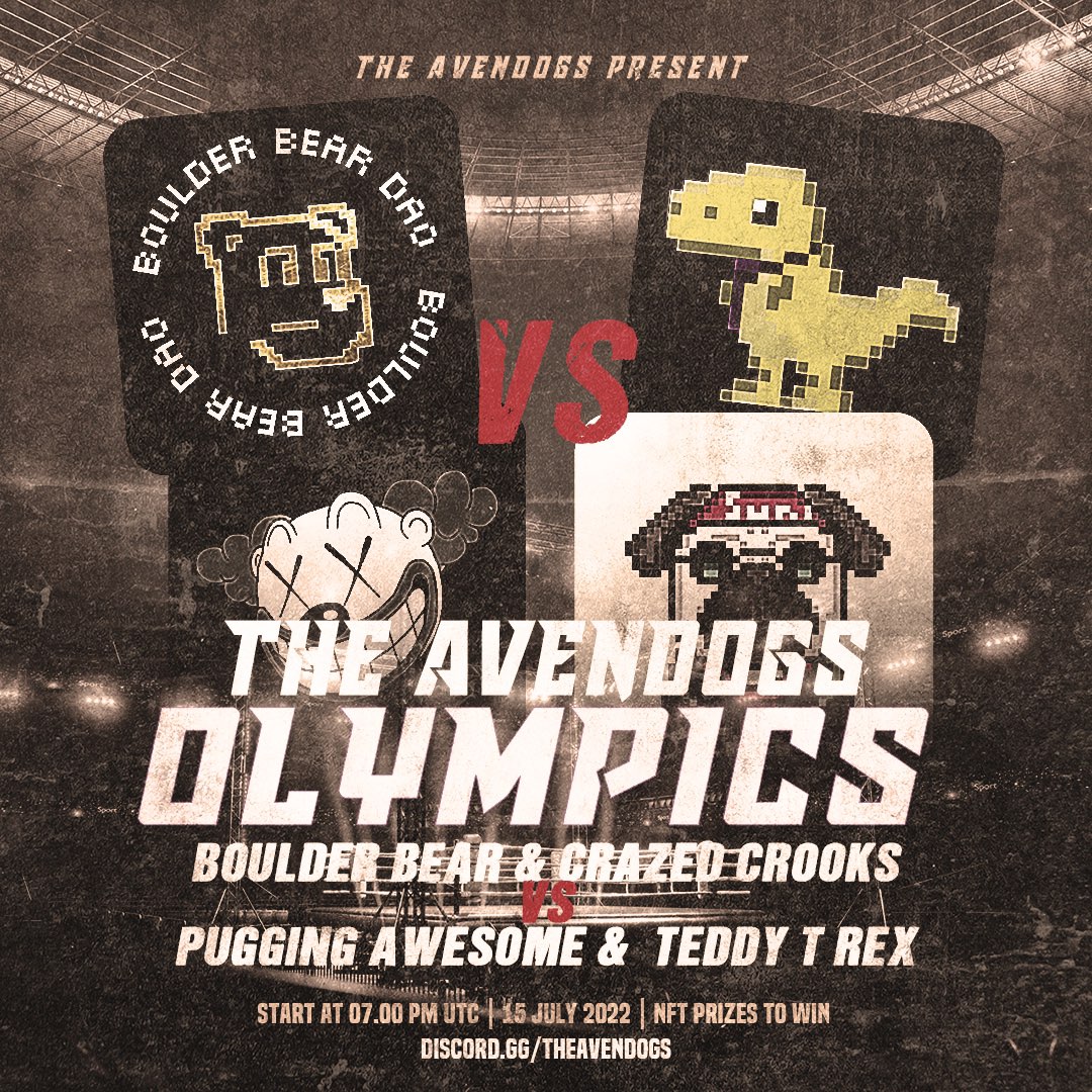 TeddyTrexNFT's tweet photo. We're pleased to announce a special community event hosted by @TheAvendogs!

It's @BoulderBearDAO &amp; @CrazedCrooks 
vs @puggingawesome &amp; @TeddyTRexNFT 

Huge amount of prizes to be won! Don't miss out #TRexFlock!

Happening here:
👉https://t.co/tKLiKfVdKk https://t.co/cl0hvafC8A