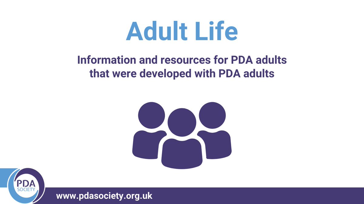 Resources for PDA adults including first-hand experiences of life, self-help tips and workplace adjustments are available in the Adult Life section of our website, along with information about diagnosis and support: pdasociety.org.uk/life-with-pda-…

#PDA