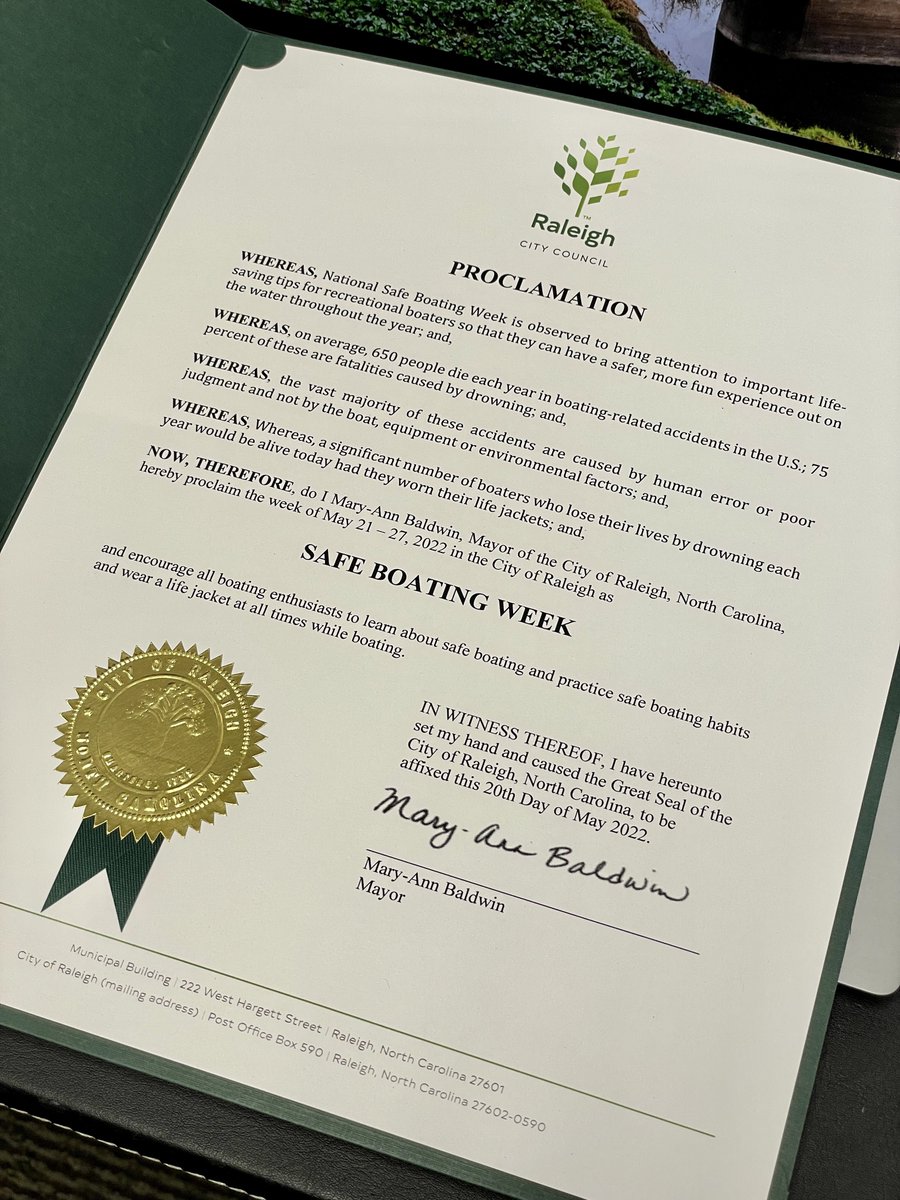 CommunityMGR's tweet image. Fun things that unexpectedly show up in the daily “mail call.” The hard copy of the City of Raleigh, NC Mayoral Proclamation for National Safe Boating Week (21-27 May 2022). ⛵️ 😎👍🏻