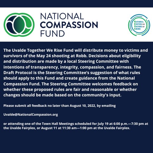 Uvalde_CISD's tweet photo. The Steering Committee welcomes feedback on whether these proposed rules are fair &amp; reasonable or whether changes should be made based on the community's input.

https://t.co/k74ZtIX9I5
Please submit all feedback by August 10th, by emailing
Uvalde@NationalCompassion.org https://t.co/xwSaOMBXix