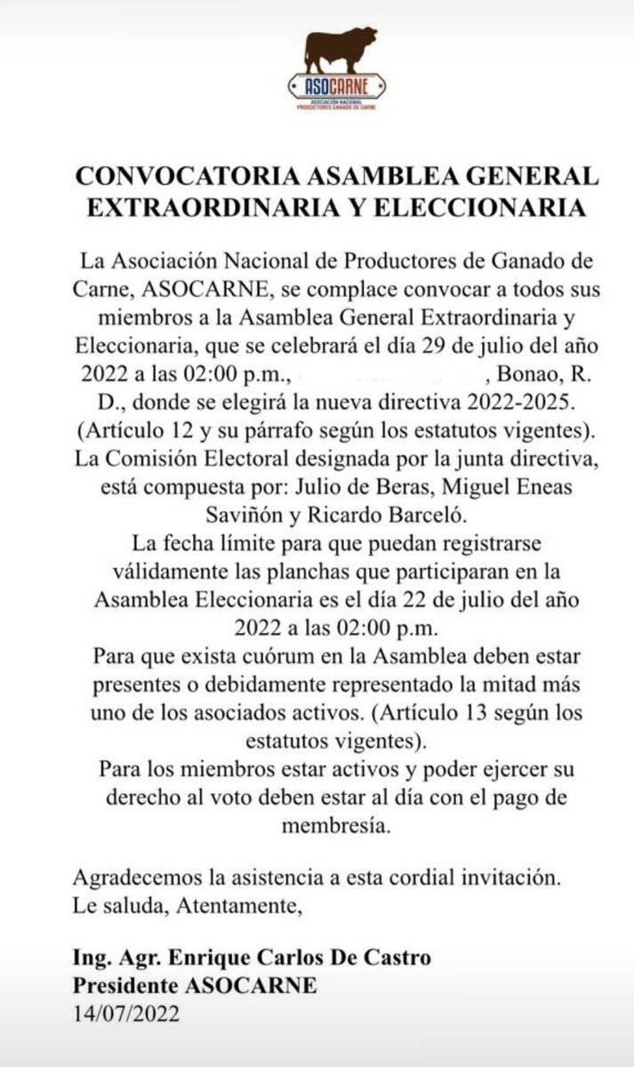 AsocarneR's tweet photo. Para todos nuestros miembros. CONVOCATORIA ASAMBLEA. Información de lugar será compartida via los grupos de la Asociación. Favor agendar y contactarnos para cualquier aclaración. Gracias https://t.co/1zgN4CvO1u