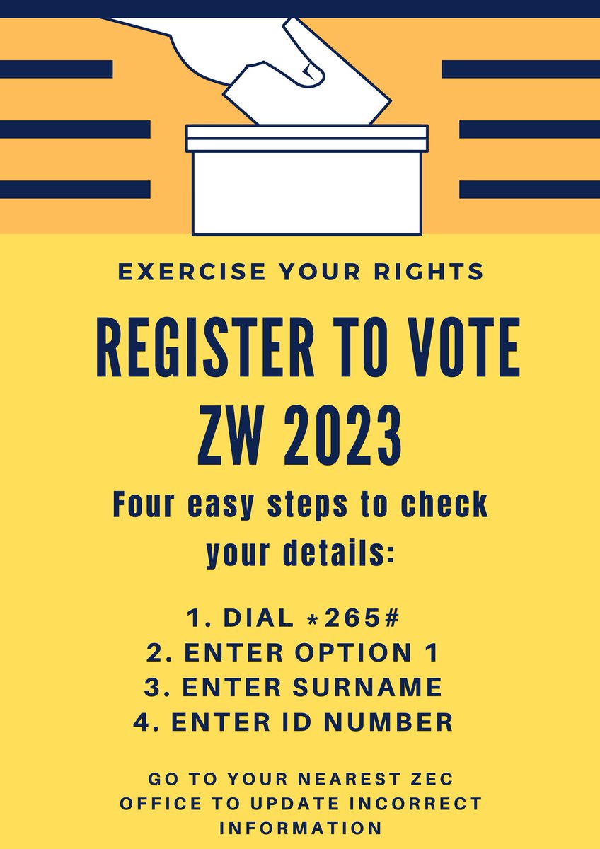 Check your voter details are correct #easypeasy
Please RETWEET 🙏 

Simply use *265#

#RegisterToVoteZW 
#CheckYourDetails
#VotersRoll 
#NdebeleTwitter 
#Mthakwazi