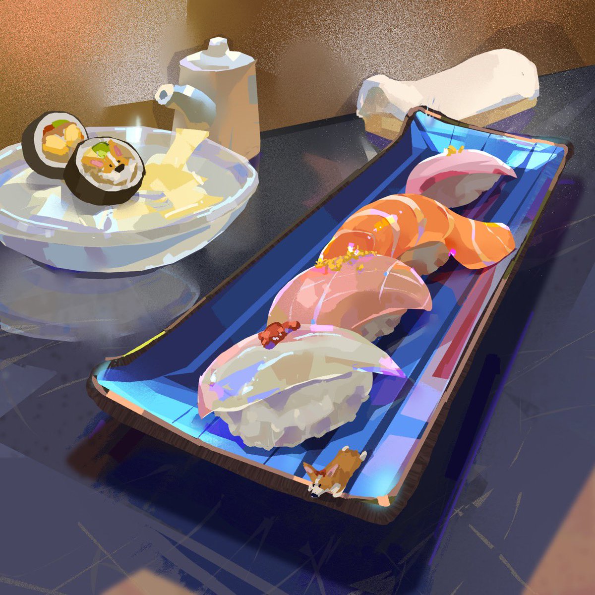 WangchiehA's tweet photo. Corgi sushi set. #DigitalArtist #corgi https://t.co/foN8V4tvzr