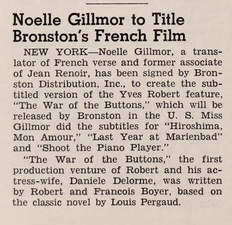 Time was, a good subtitler taking on a new project was trade news! 
Gillmor's subtitles for 'La guerre des boutons', which faced challenge of film's famously swear-heavy script, wd later feature prominently in the distributor's marketing materials 
#filmtranslationhistory