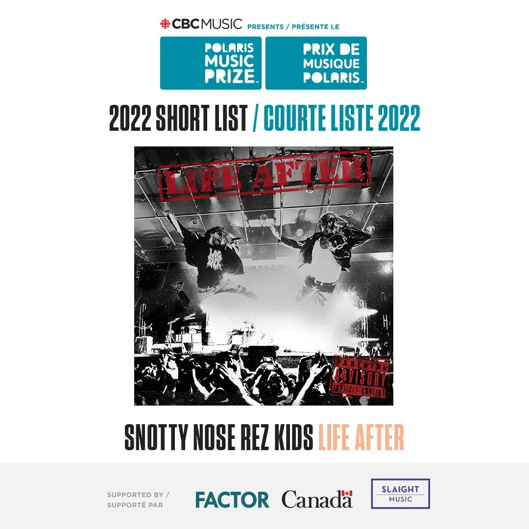 CBCMusic's tweet photo. Is the third time a charm? Snotty Nose Rez Kids (@TheRezKids) are hoping so. The band is @PolarisPrize nominated for the third time, this year for their latest album Life After. #Polaris2022 https://t.co/SYXkPFVIQ1