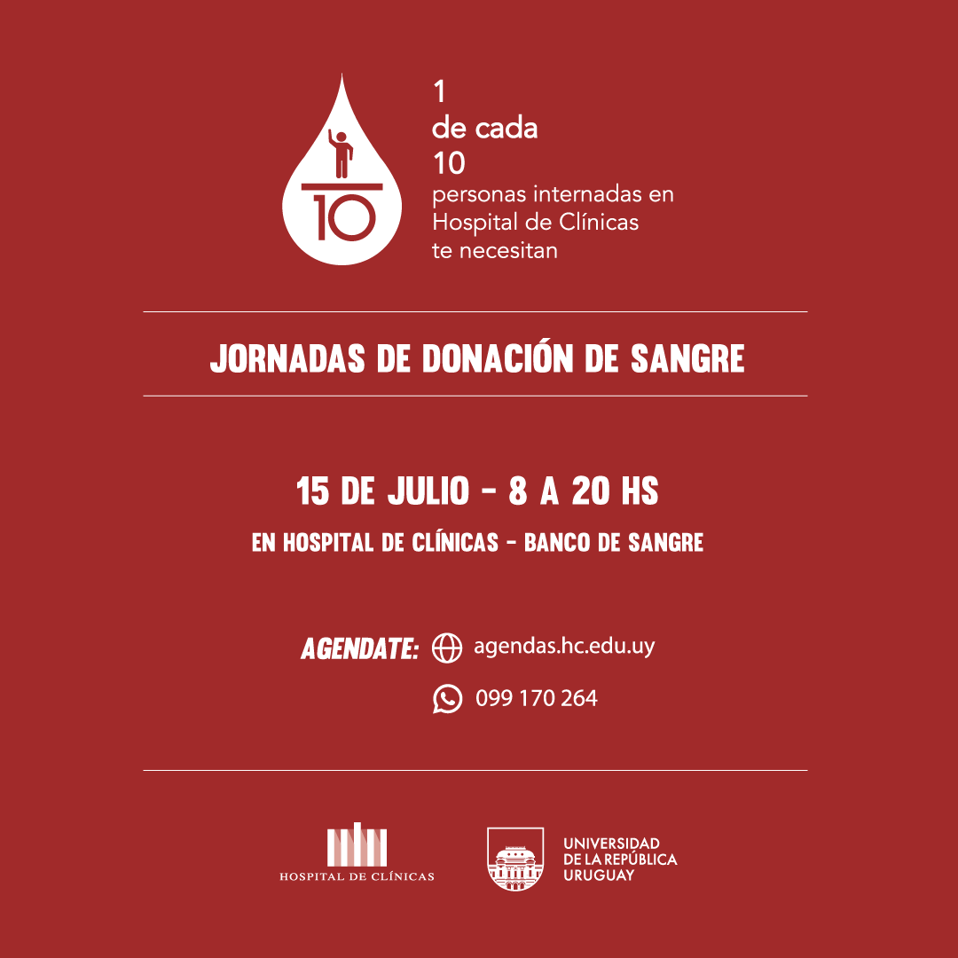 Udelaruy's tweet photo. 🩸 Nueva jornada de donación de sangre en el Hospital de Clínicas @hcmquintela 

⏰ 15 de julio | 8 a 20 hs.
🗓️ Agendate: https://t.co/hdOYUjiJsQ / 099 170 264

1 de cada 10 personas internadas te necesitan. https://t.co/SM5AVLJwHh