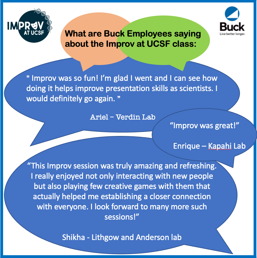 BuckInstitute's tweet photo. Last week the Buck hosted @UCSF_improv to teach us scientists how to use #improv for developing communication skills and creativity. It was so much fun! #workhardplayhard #livebetterlonger #scientistshavingfun https://t.co/EmrP0MEWgf