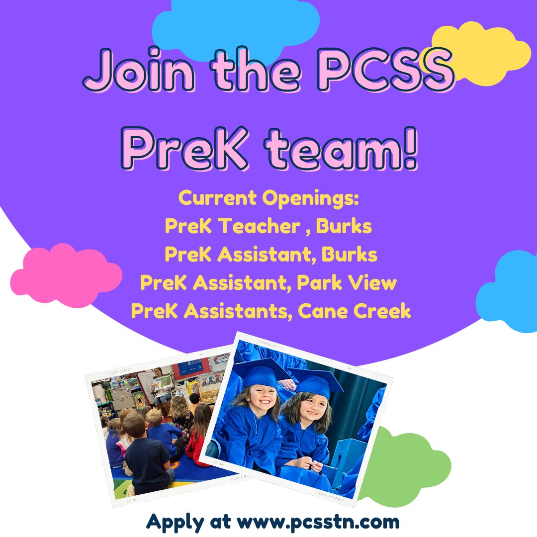 Looking for a fabulous PreK team? 
We're looking for a lead teacher and teacher assistants! 

Join our PreK team at the PCSS! 
Apply at pcsstn.com! 
.
.
#PCSS #PreK #PCSSfamily