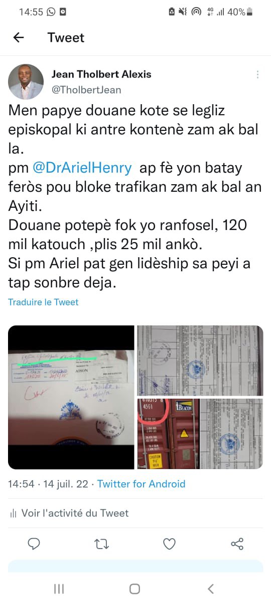 HAITIANNEWS3's tweet photo. L’ancien Président de la Chambre des Députés,Jean T. Alexis,applaudit le travail du PM @DrArielHenry dans la lutte contre les trafiquants d’armes et de munitions dans le pays. Il salue les efforts des agents douaniers et le leadership du PM qui a épargné Haïti du pire catastrophe https://t.co/zlGsJEdeT9