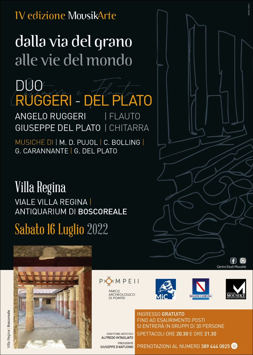 Il 16 Luglio è apertura straordinaria serale di Villa Regina: in programma il concerto del duo Angelo Ruggieri e Giuseppe Del Plato (flauto e chitarra)
1° Performance ore 20.30
2° Performance ore 21.30
Ingresso gratuito previa prenotazione telefonando al numero 389.4440825 .