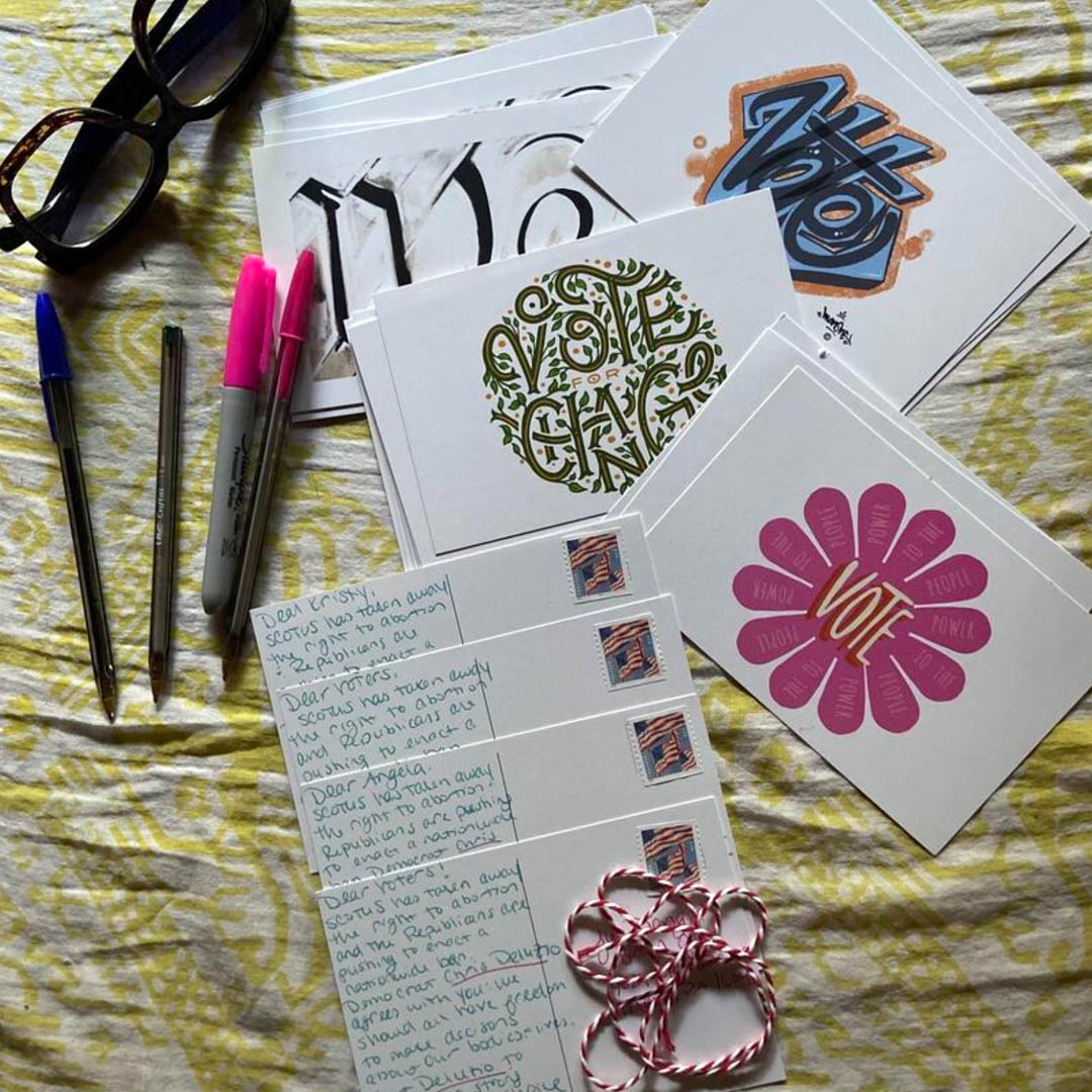 CreateProtest's tweet image. "The only way we can make real change and give a voice to the voiceless is standing together strong, determined and full of rage! I wrote 100 postcards to reach out to fellow humans and remind them that we’re in this fight together.." - Erica, NJ.  bit.ly/votepostcards