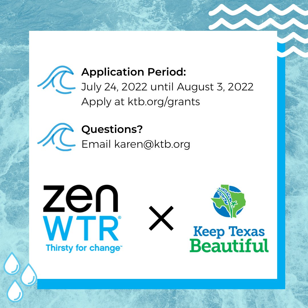 KeepTxBeautiful's tweet photo. ZenWTR Waterway & Coastal Cleanup Grants are Now Open!
KTB, in partnership with @Zen_Wtr, is proud to support beautification and cleanup projects that improve Texas waterways and water quality.
Apply Here: https://t.co/KTN614CbPn
-
#WaterwaysCleanup #keeptxbeautiful https://t.co/IWllpjfywr