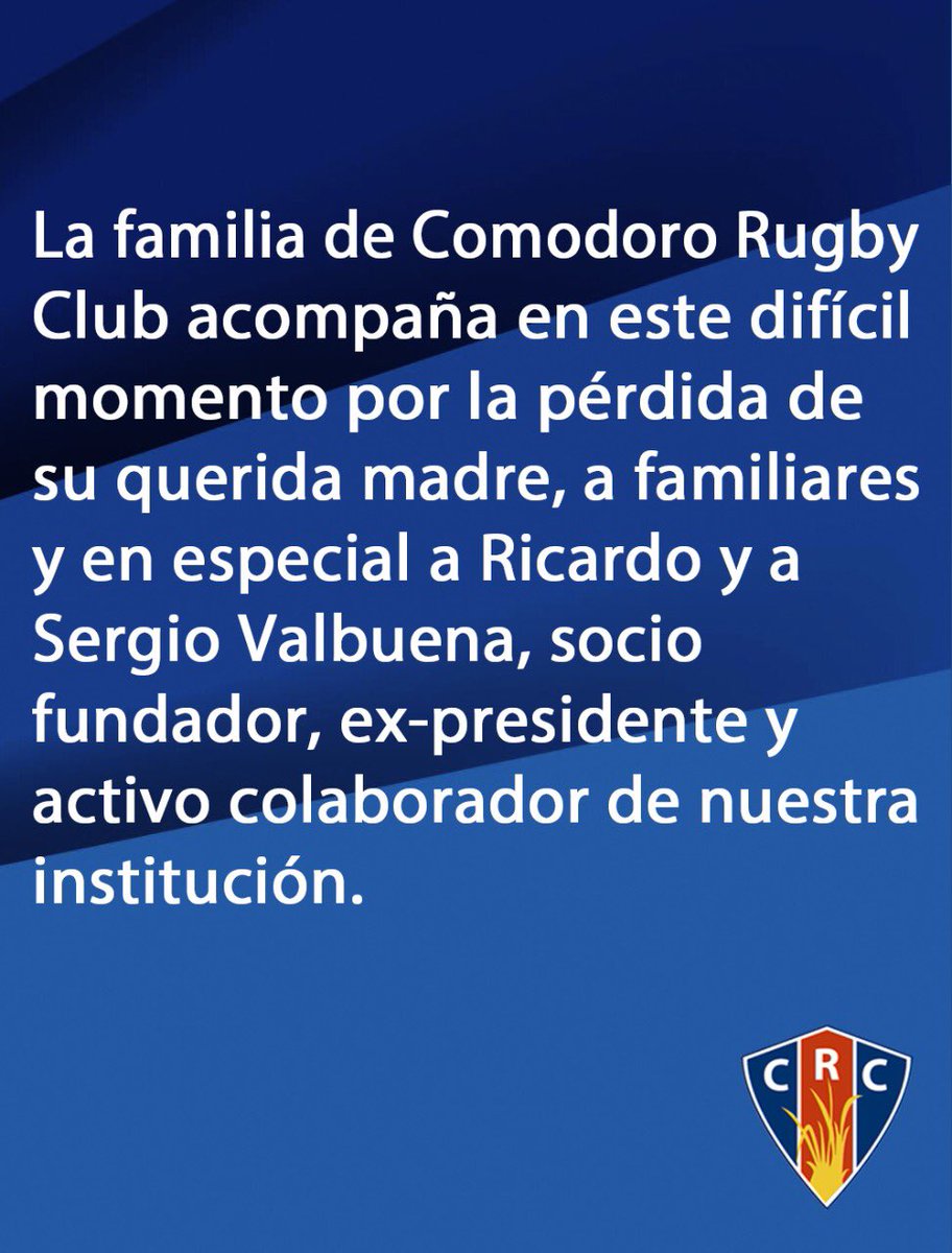 ComodoroRugby's tweet photo. Acompañamos a Ricardo, Sergio Valbuena, y demás familiares en este difícil momento.
#comodororugby
#familiadecoirones https://t.co/9LVDJeiC6Y