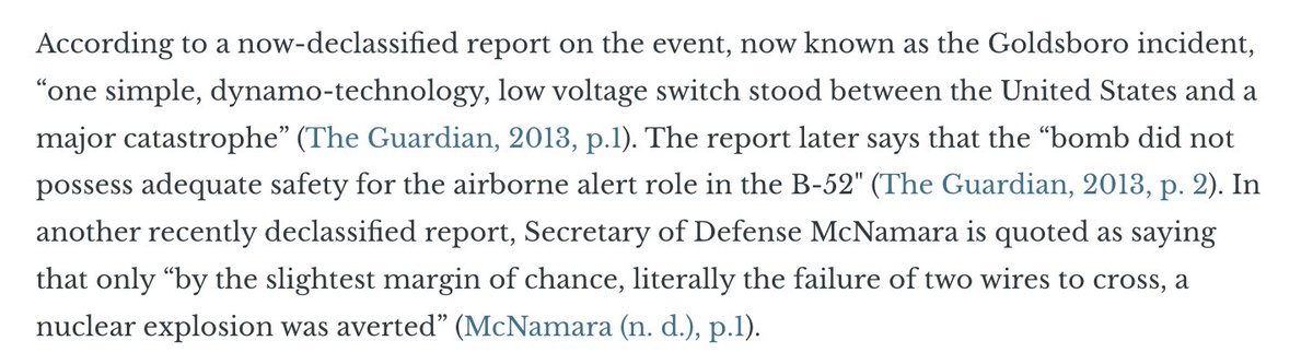 peterwildeford's tweet photo. Pretty crazy this isn't more widely known:

In 1961, a nuclear bomb was accidentally dropped by the US on the US. Three of the four failsafes failed. Only a single failsafe averted the deaths of millions of people.

https://t.co/spMdN9KBdo https://t.co/RRHvl7bRUY