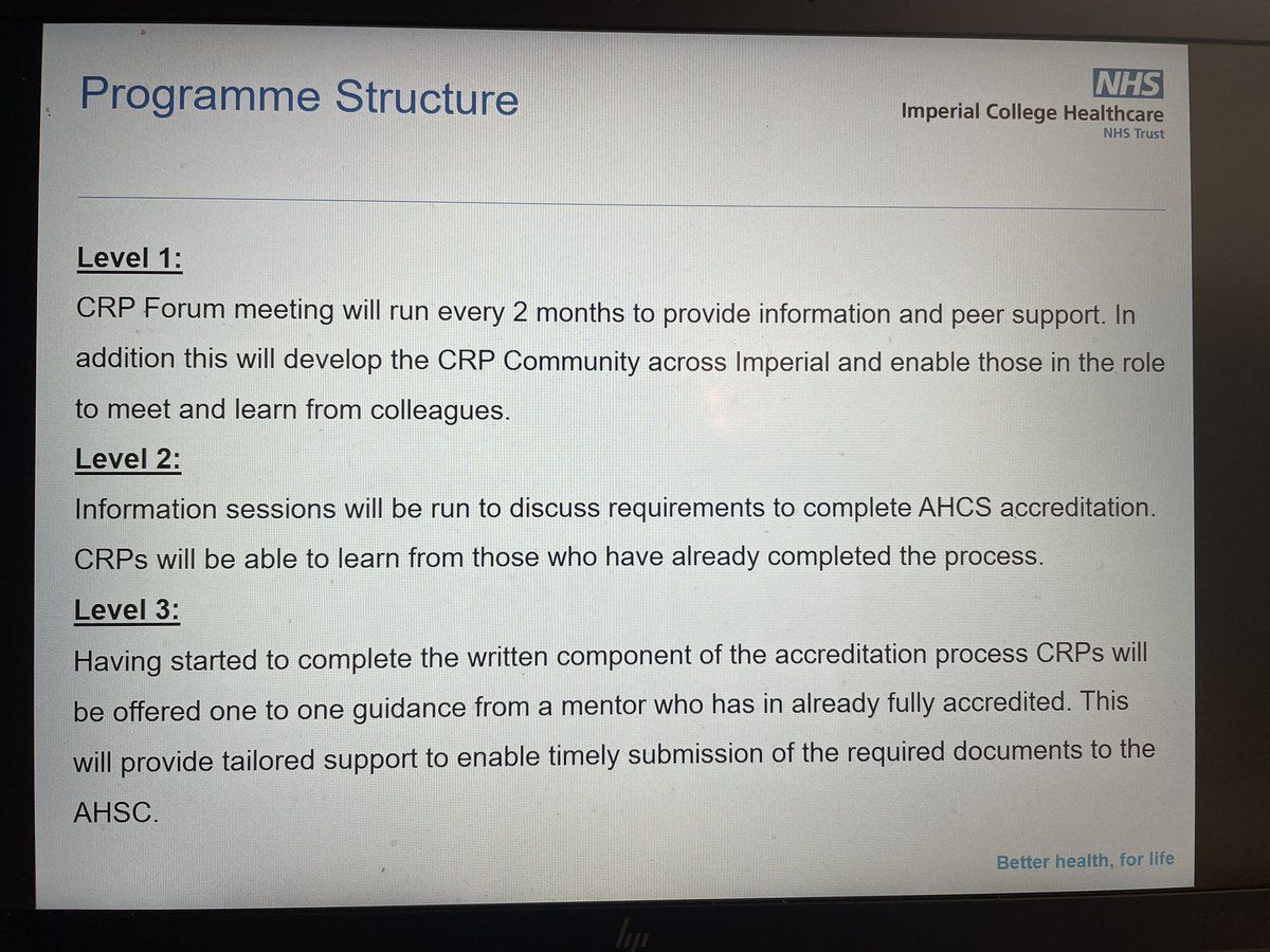 HelenCJo67's tweet photo. Great to finally launch our @ImperialNHS CRP Support programme for our growing workforce. Working to increase AHCS accreditation. Thanks to our CRPs supporting this @elenamarywells @janicepaterson5 @NIHRCRN_NWLdn @crpractitioners https://t.co/bw8yK0ivEJ