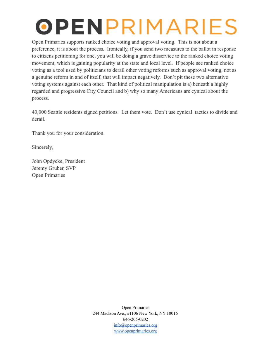 SeattleApproves's tweet photo. National reform group Open Primaries sent a letter telling @SeattleCouncil "Don't manipulate the process."

"That kind of political manipulation is why so many Americans are cynical about the process."

/@ByMikeBaker @DBeekman @hyded @GeneAPseattle @nickNorthwest @ericazucco https://t.co/AKj91tguRh