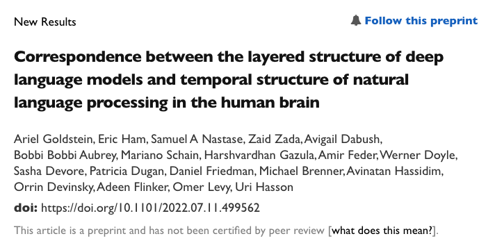HassonLab's tweet image. New manuscript led by @ArielYGoldstein and @EricHam4 uncovers a surprising similarity between the sequence of internal transformations across layers in deep language models (DLMs) and the sequence of internal processing across time in human language areas: doi.org/10.1101/2022.0…