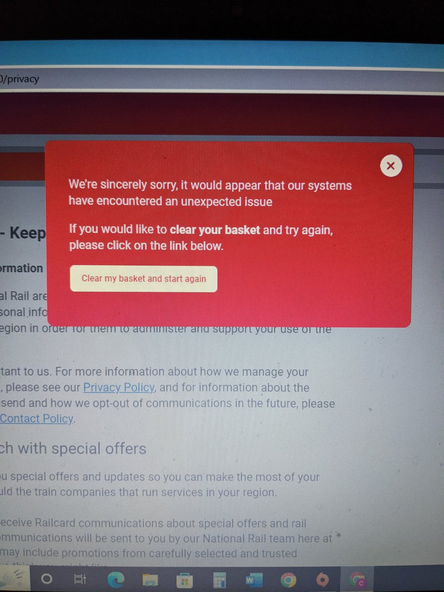 Caffrino's tweet photo. @_Railcards Have been trying to purchase a 26-30 Railcard online for the last couple of days, everytime I get this error message. Have tried different laptops &amp; browsers. Please help - I need the Railcard for the weekend! 🙏 https://t.co/IdiM6CanAX