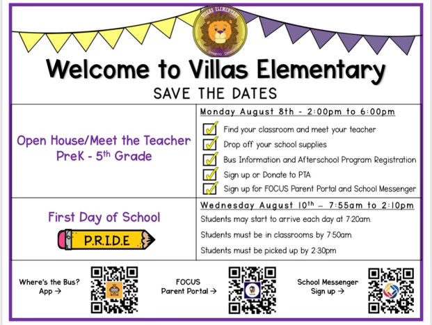 <a href="/VillasElem/">Villas Elementary</a> Open House/Meet the Teacher scheduled for Monday, Aug 8th