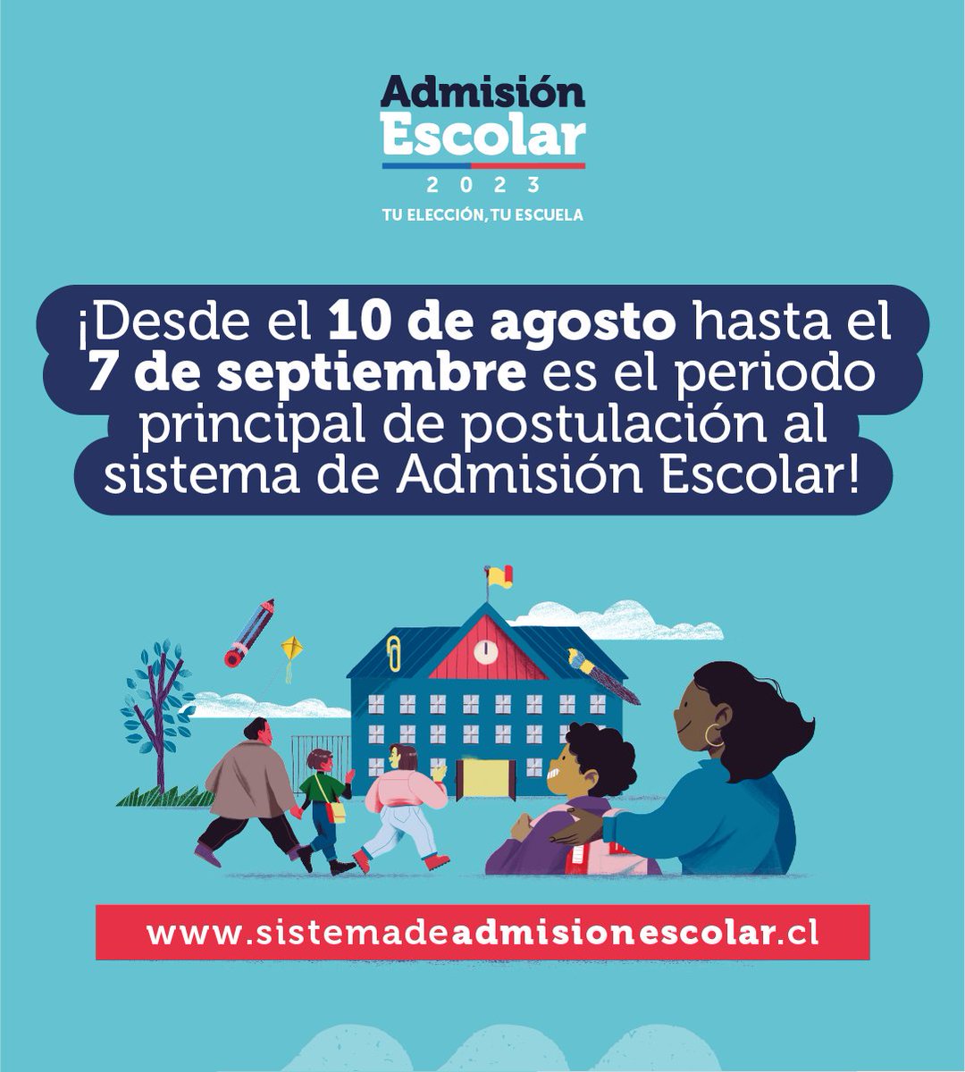 edu_colchagua's tweet photo. 📚Entre el 10 de agosto y el 7 de septiembre es el periodo principal para postular al proceso de #AdmisiónEscolar 2023✏️ En este sistema, las familias eligen su establecimiento, no al revés!

🔶Revisa toda la información que necesitas en https://t.co/TXxxn3NkXK https://t.co/ri9XwTr3B2