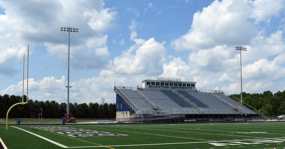 BlufftonU's tweet photo. Can you spot the difference at Salzman Stadium? ...That's right! The new stadium lights are skyward and ready to light up the field at our first home football game on Sept. 17 with a kick-off time of 6 p.m.! Go Beavers! 💜 https://t.co/WqDwNAEzaJ