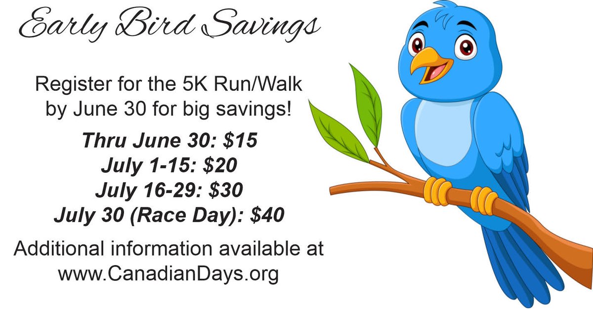 CanadianDays's tweet image. Time is running out to register for the 5K for only $20.  Be sure to register before midnight on Friday, July 15 to enjoy the savings.  Those registering by July 15 are guaranteed the shirt size of their choice.  
The price jumps to $30 on Saturday, July 16.